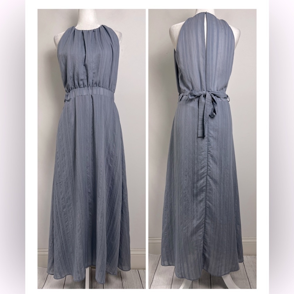 Grade & Gather Slate Blue Pinstripe Halter Neck Side Cutouts‎ Chic Maxi Dress